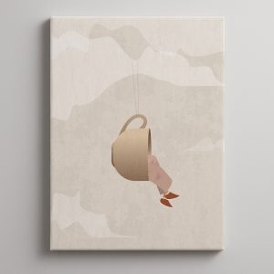Digitalna ilustracija žene u šolji kafe među oblacima, art print sa porukom odmora
