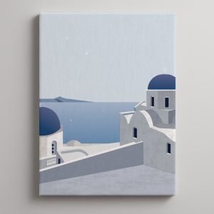 Digitalni art print Santorinija s plavim kupolama i belom arhitekturom, ilustracija mediteranske letnje atmosfere