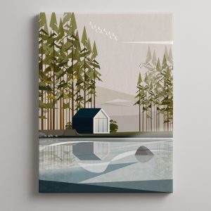 Art print kućica pored jezera, beg iz grada, mirna priroda, dekor za dom