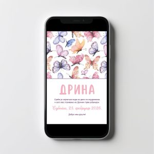 Elektronska rođendanska pozivnica sa mnoštvom šarenih leptirića, razigran i živopisan dizajn za devojčicu